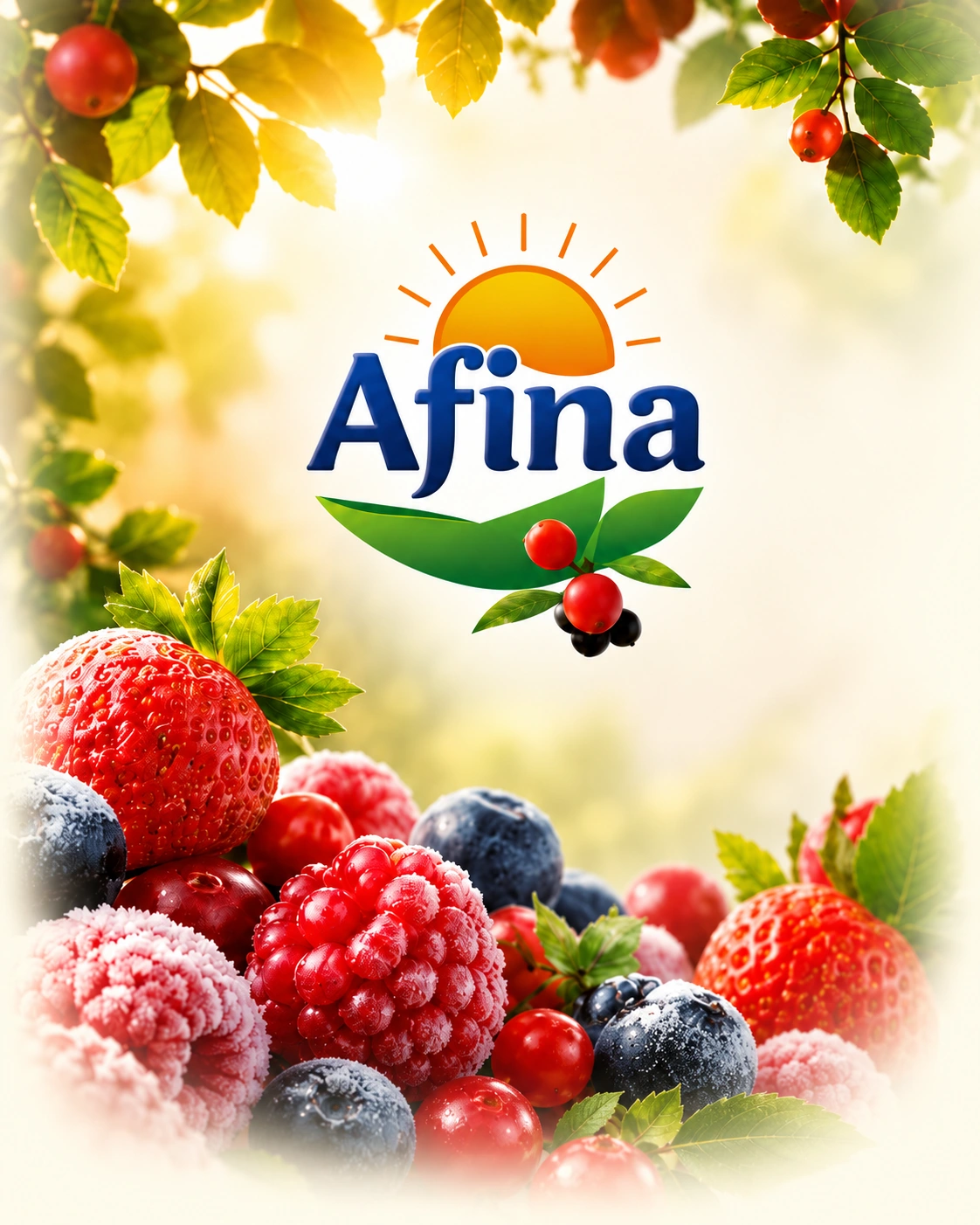 Afina — солнце, зелёные листья и яркие замороженные ягоды, композиция по фирменной визитке